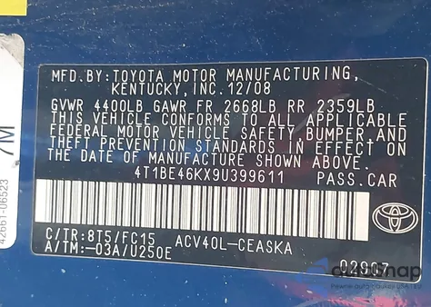 2009 Toyota Camry Se z USA, uszkodzony, nr VIN 4T1BE46KX9U399611